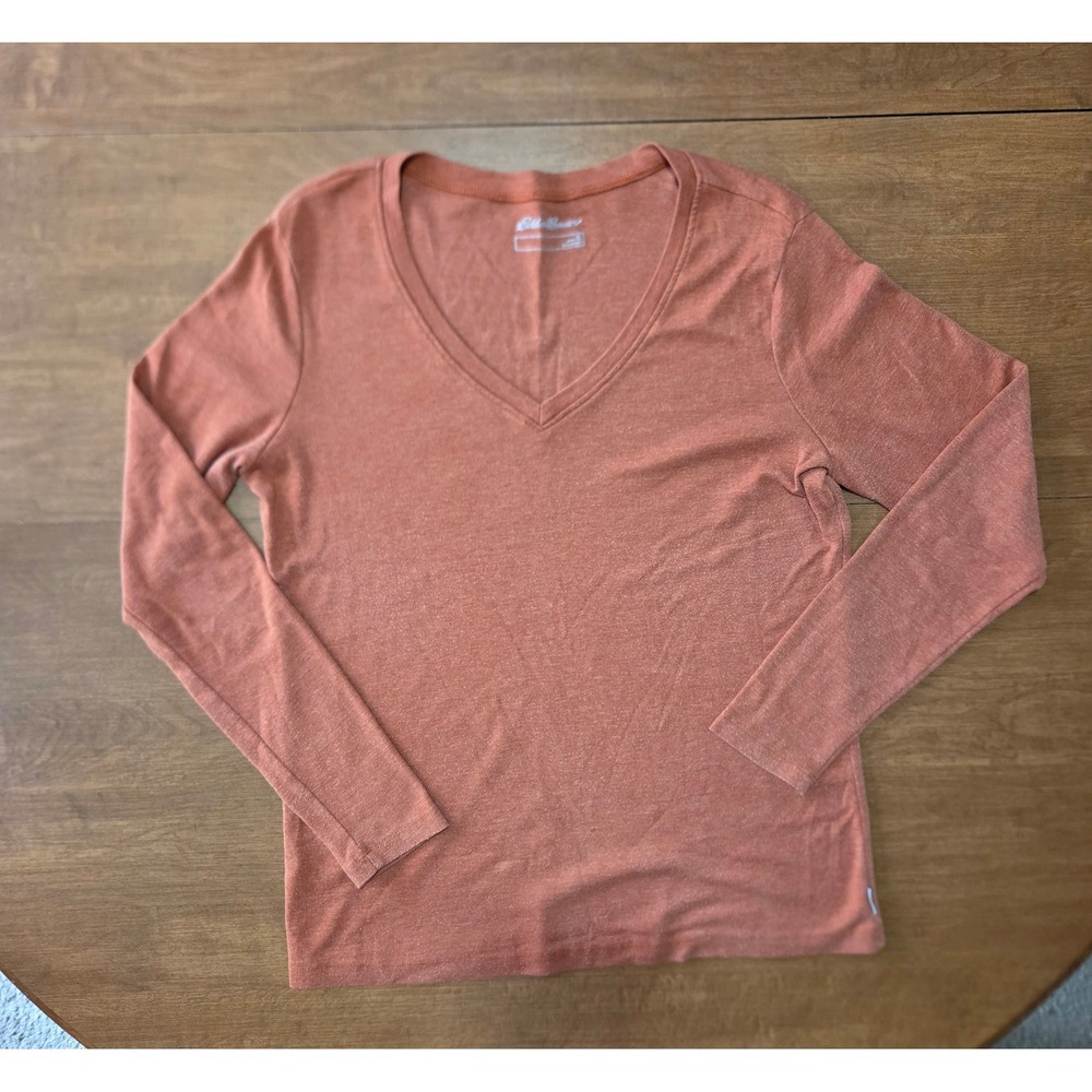 Eddie Bauer Womens XL Orange Heathered V-Neck Long Sleeve T-Shirt Cotton Blend